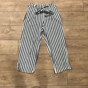 Zara Striped Linen Tie Waist Cropped Pants